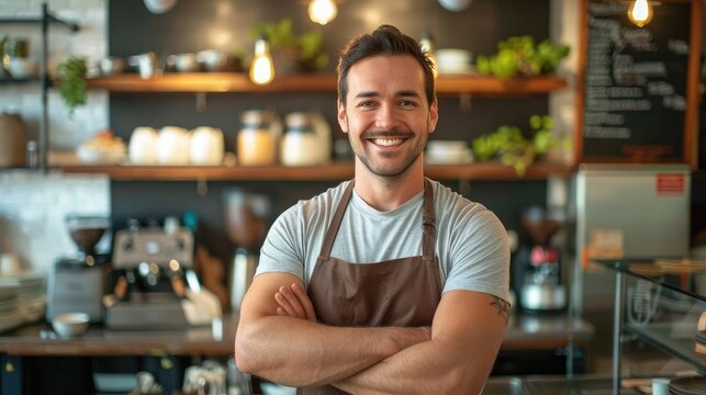 Startup successful sme small business owner caucasian man stand in his coffee shop or restaurant. Portrait of young smile caucasian man successful barista cafe owner concept