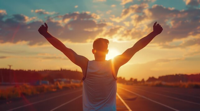 Successful man raising arms after cross track running on summer sunset. Fitness male athlete with arms up celebrating success and goals after sport exercising and working out.