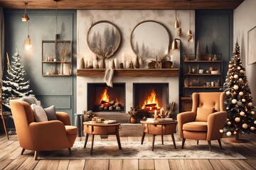 living room interior with fireplace - obrazy, fototapety, plakaty