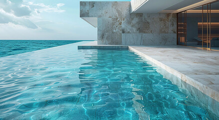 Swimming pool made of white marble stone in luxury resort hotel house with ocean view.Macro.AI Generative.