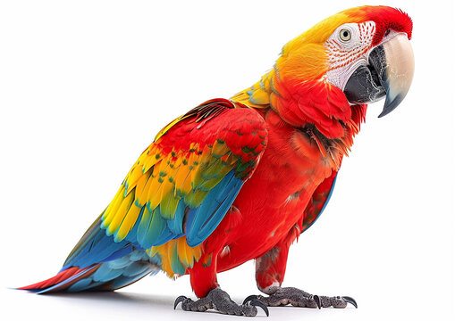 Large red macaw tropical parrot on white background.Macro.AI Generative.