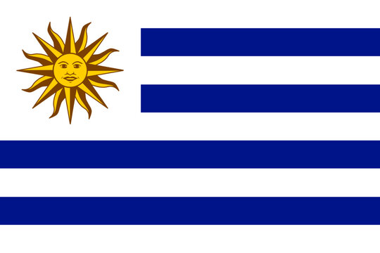 Illustration of blue and white striped flag with sun of South American country of Uruguay. Illustration made February 3rd, 2024, Zurich, Switzerland.