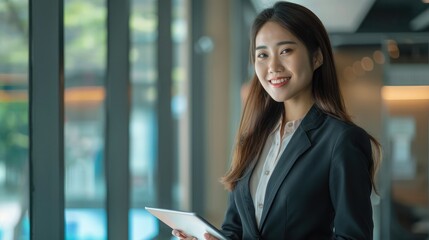 Young smiling successful professional leader Asian business woman, female executive manager, saleswoman wearing suit holding digital tablet standing in office looking at camera, vertical portrait.