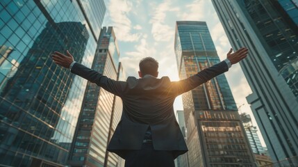 Young successful business man standing with arms wide open in front of buildings business center