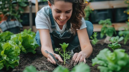 Young woman hold trowel and vegetable seedling to grow into soil on vegetable plot in front of home.