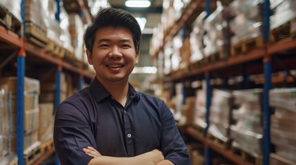 Asian man owner mananger of SME business warehouse storage
