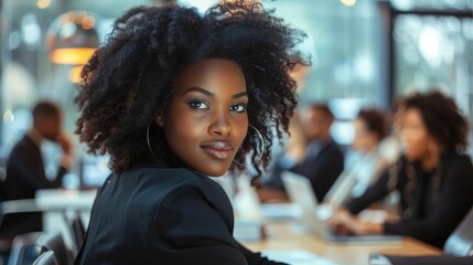 Obraz premium Attractive african young confident businesswoman sitting at the office table with group of colleagues in the background, working on laptop computer