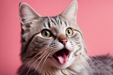 Obraz premium Grey Tabby Cat with Yellow Eyes and Tongue Out on Pink Background