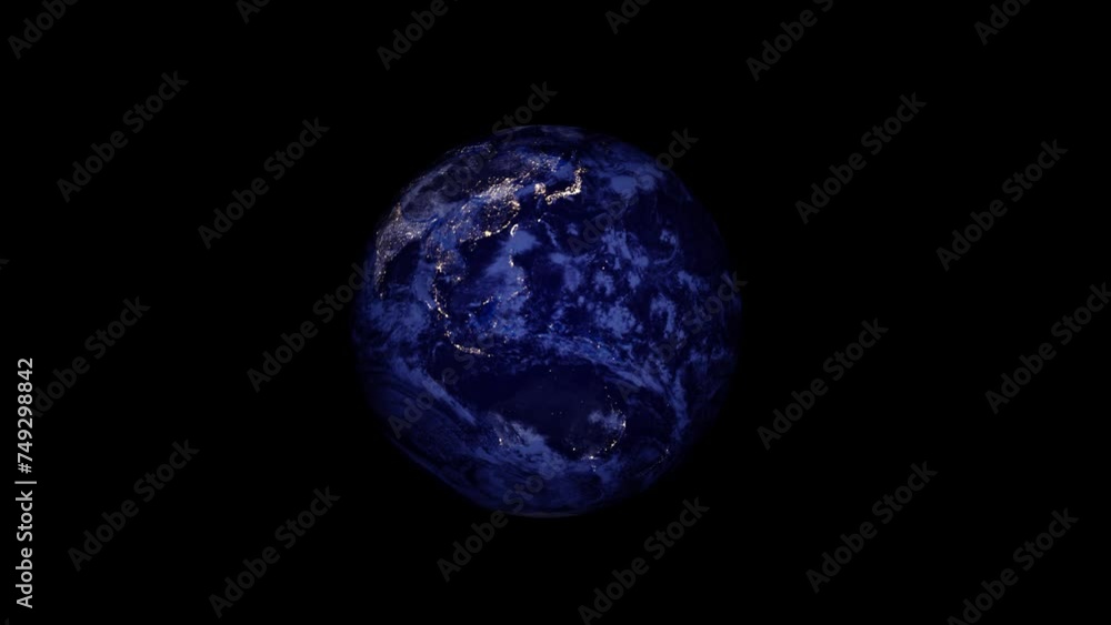 Poster earth rotate at night view animation. planet earth rotate on black background. earth rotate in space
