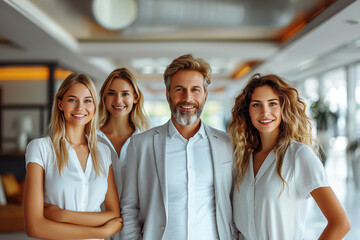 Fototapeta premium Handsome and beautiful colleagues, bright white office lobby, city tower background, success aura.