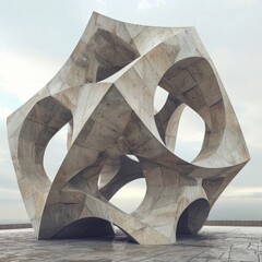 An intricate concrete sculpture with geometric voids stands under a cloudy sky by the sea.