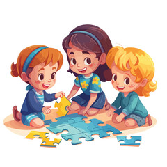 Kids finishing puzzle with missing piece isolated 