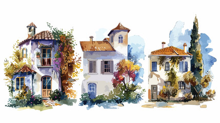 Watercolor european architecture houses with floral