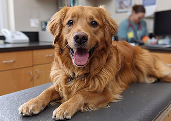 Happy dog on exam table in vet clinic waiting for medical treatment and examination.Macro.AI Generative.