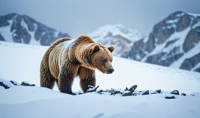 brown bear in winter snow mountain scenery - 749299854