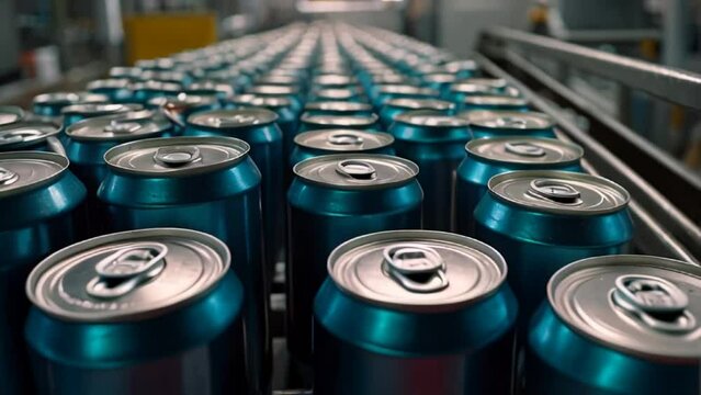 iron cans with drinks on a conveyor belt