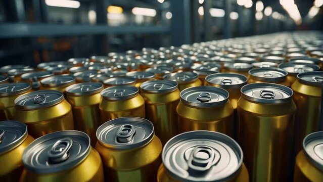 iron cans with drinks on a conveyor belt