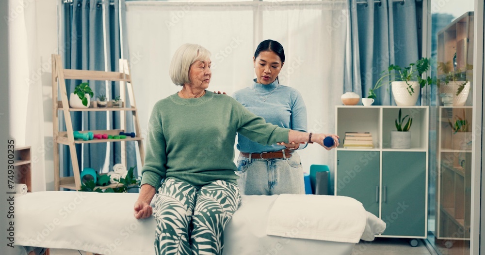 Poster Senior care, fitness and physiotherapist with old woman, dumbbell and healthcare for nursing. Physio, rehabilitation and retirement with training, caregiver with elderly patient for mobility exercise