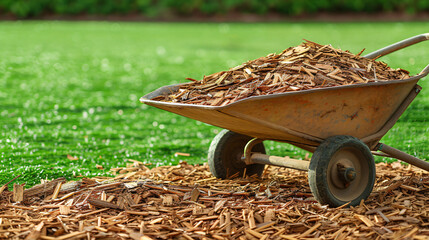 Wheelbarrow full of wooden mulch, green grass in the background.