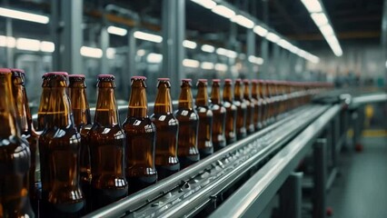 glass beer bottles on a conveyor belt