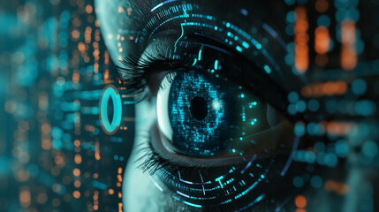 Digital Eye with Futuristic Interface Overlay. An image of a human eye with a digital, cybernetic interface superimposed, symbolizing advanced technology integration. Cybersecurity data protection. - obrazy, fototapety, plakaty