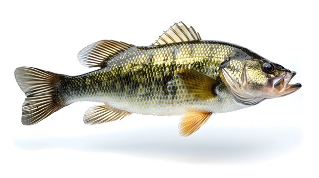 Isolated shot of leaping largemouth bass fish against white background. Concept Wildlife Photography, Fish Portraits, Marine Life, Leaping Bass, Isolated Objects