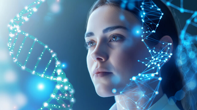 Woman with Digital DNA Structure Visualization. A woman's profile with a glowing digital representation of a DNA helix, illustrating concepts of biotechnology and genetics.
