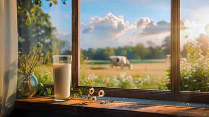 Foto op Plexiglas Dairy Paradise: A glass of milk on a Green Pasture background.  © Mariya Sorvacheva
