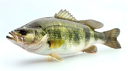 Lone largemouth bass fish leaping in front of white backdrop. Concept Fishing, Largemouth Bass, Leaping, White Backdrop - obrazy, fototapety, plakaty
