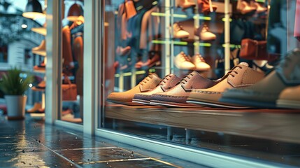 A designer shoe store displaying a wide range of fashionable footwear on sleek shelves and mannequins. - obrazy, fototapety, plakaty