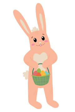 Easter bunny rabbit cartoon character holding basket full of painted Easter eggs isolated on white background. Trendy Easter design. Flat vector illustration for poster, icon, card, logo, label.