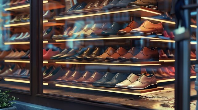 A designer shoe store displaying a wide range of fashionable footwear on sleek shelves and mannequins.