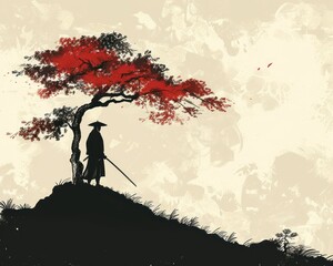 The samurai stands on a hill with a red maple tree