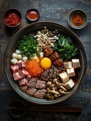 hotpot sukiyaki, capturing the bowl's sophistication and allure with a focus on the glossy texture of pork, tofu, mushroom 