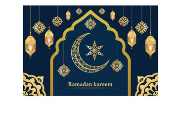 Ramadan kareem islamic background with lantern crescent moon stars and mandala pattern golden color islamic greetings. Ramadan Mubarak Islamic festival decor Holy Month celebration banner, invitation.