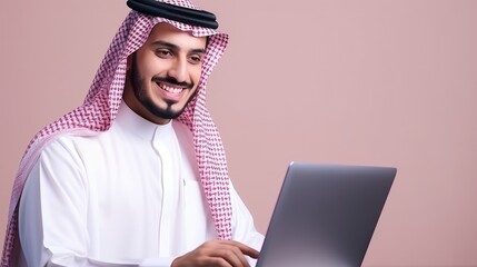 portrait of a Saudi Gulf Arab young man wearing a traditional dress, holding a laptop in his hand