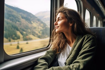 Young European woman sitting in a train looking at the scenery