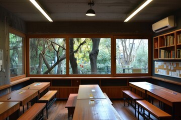 The classroom with a teacher's desk and on both sides 
children's benches in the school class