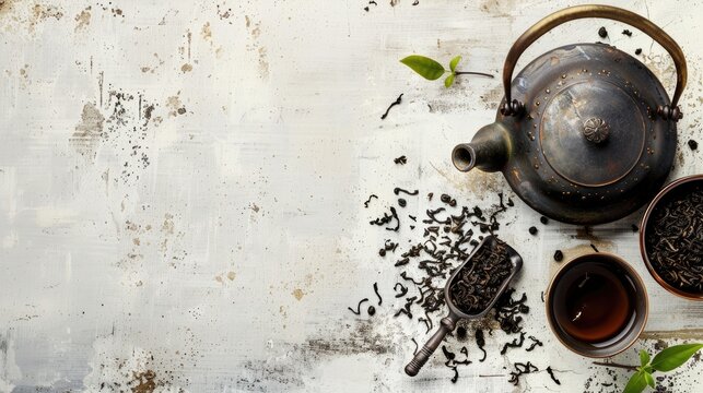 Teapot with cups, bowl of dry tea and leaves