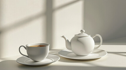 Fototapeta na wymiar White teapot and cup of tea