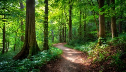 Obraz premium A lush green forest bathed in dappled sunlight