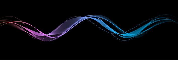 Abstract blue pink wave lines flowing on black background. Dynamic gradient light wave design. Vector