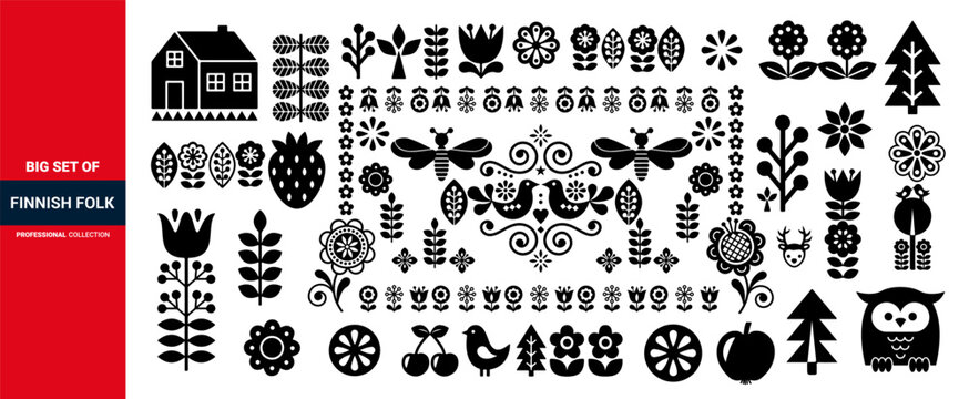 floral folk elements in Scandinavian style, Scandinavian floral folk art vector red design set with flowers.