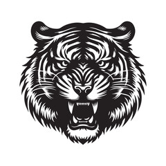 Tiger head silhouette. Black and white roaring tiger head