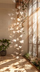 Origami Paper Cranes in Sunlit Room. 