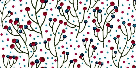 Texture plants, herbs, twigs with leaves. Plant organic pattern. Cartoon style. Hand drawn elements. Vector seamless overlapping pattern.