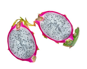 Pitahaya or dragon fruit on a white background. Fruit cut in half. Selenicereus.