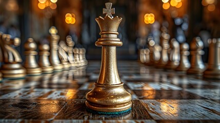 A golden king chess piece facing challengers symbolizing leadership and strategy. Concept Leadership, Strategy, Chess, Golden King Piece, Challengers - obrazy, fototapety, plakaty