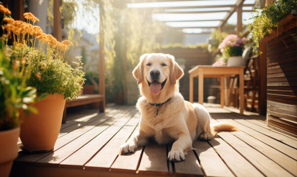 Happy dog on wooden terrace.