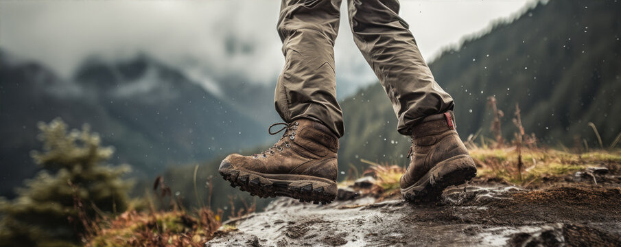 Close up photo of hiker boots on mountains during hiking.